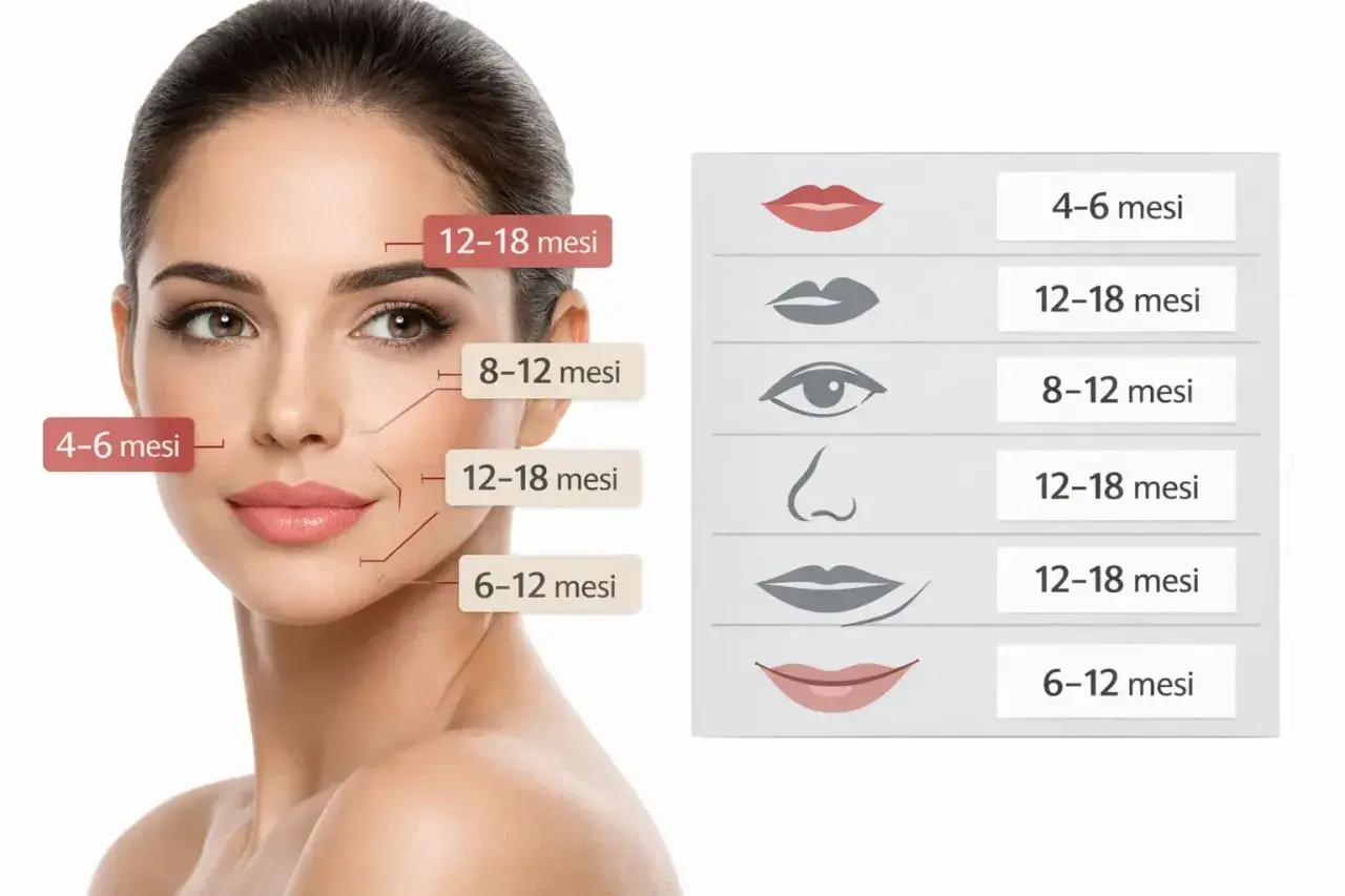 Volto di donna con indicazioni temporali per trattamenti estetici volti a togliere le rughe.