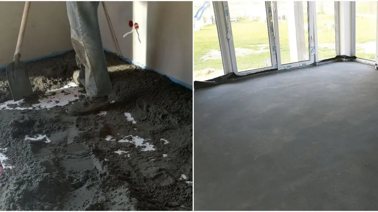 Praca z suchą zaprawą cementową na budowie. Po lewej widać proces rozkładania materiału, po prawej gotową, równą posadzkę.