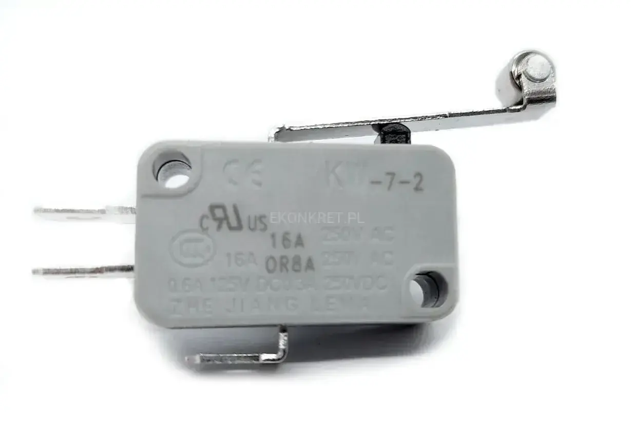 Szary wyłącznik krańcówka z metalowym ramieniem i rolką. Model KW-7-2, 16A 250V AC.