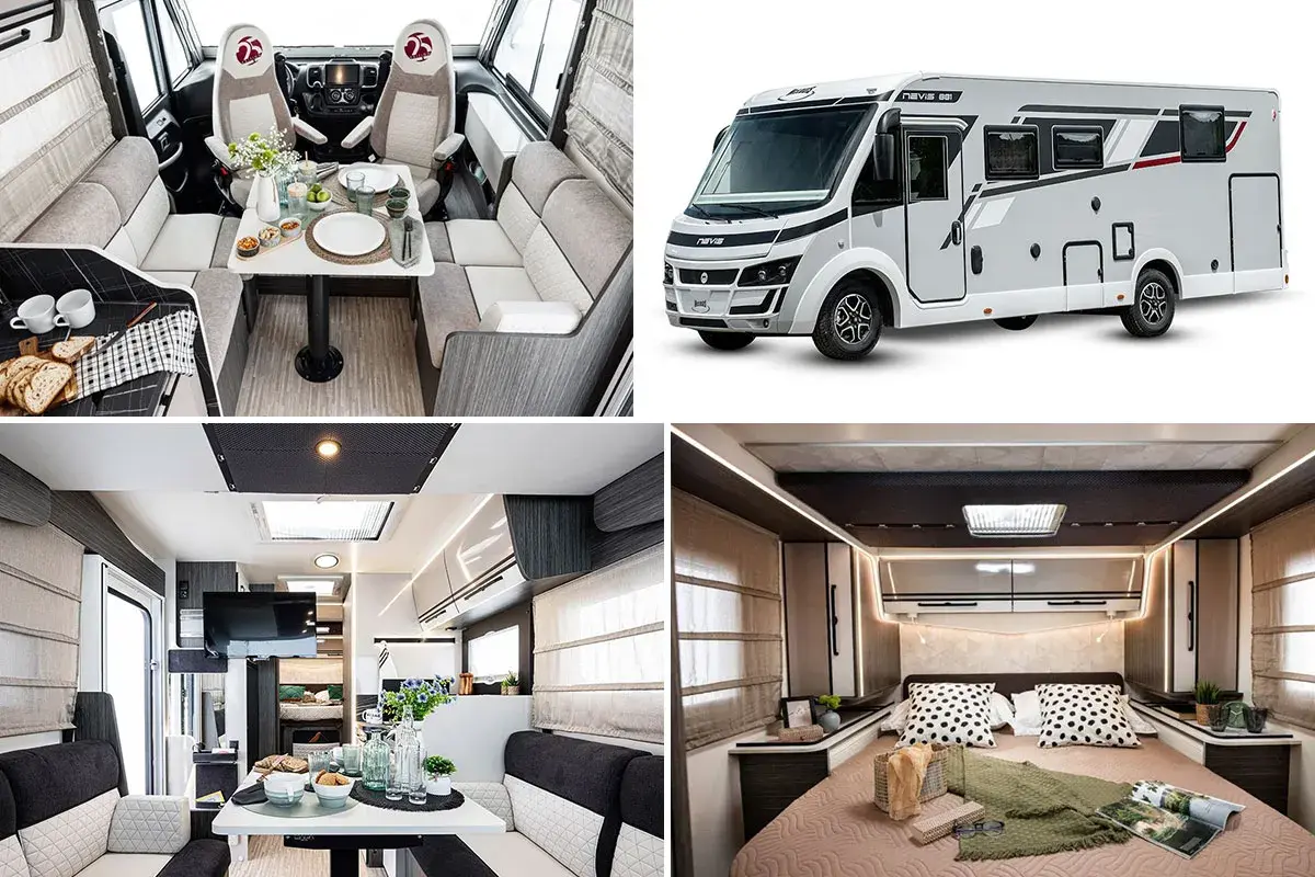Intérieur d'un camping-car moderne : salon face à face, cuisine, chambre douillette. Un espace de vie confortable pour vos voyages.