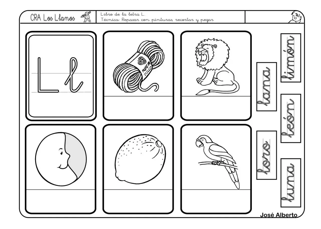 Ficha para practicar la letra L. Muestra la letra L, lana, león, loro, luna, limón y una cara.