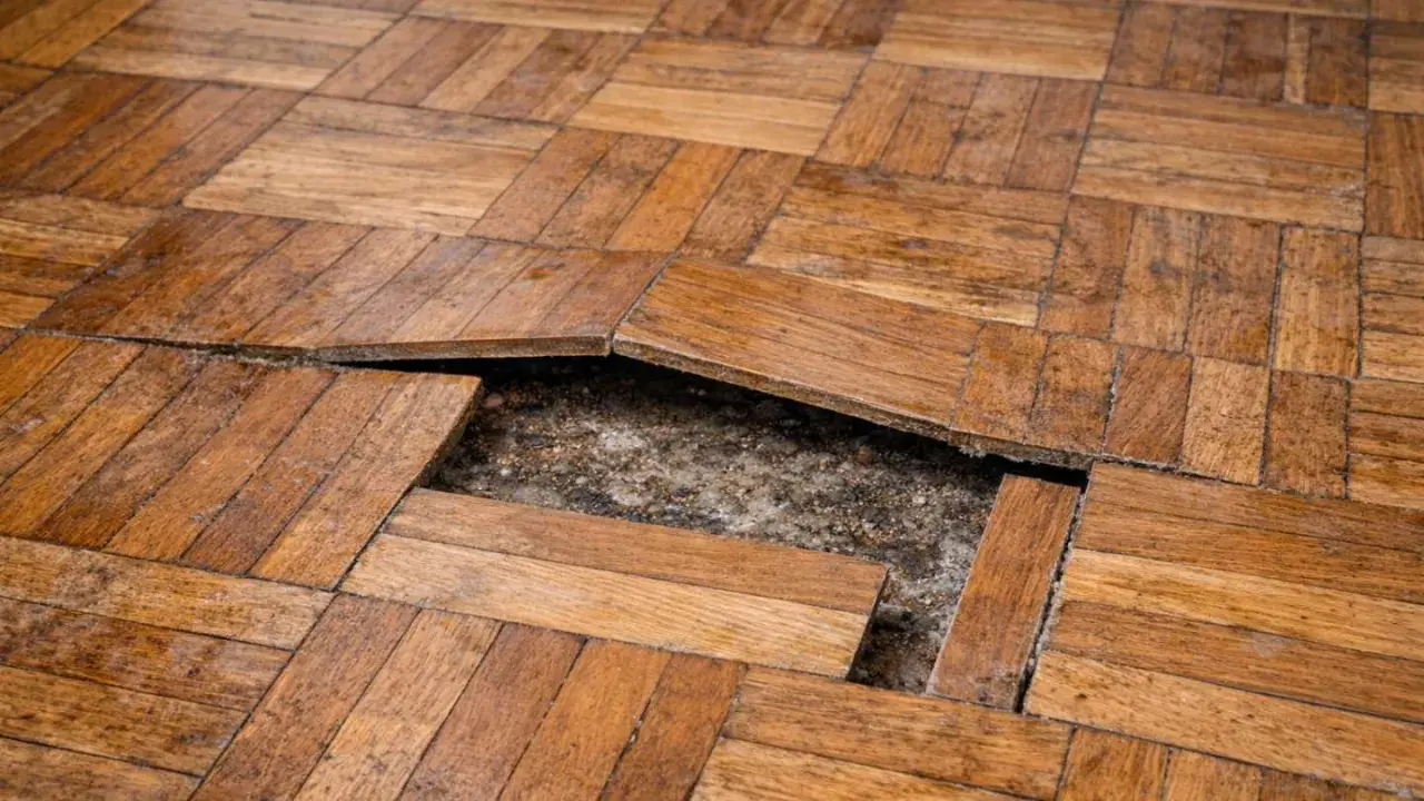 Suelo laminado con tablillas levantadas y un hueco expuesto, evidenciando problemas de humedad o instalación.