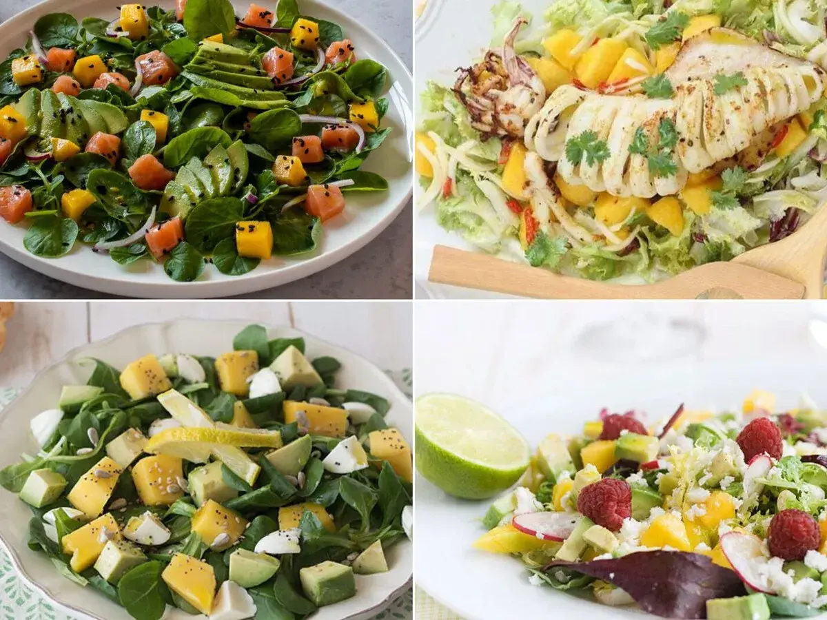 Cuatro ensaladas vibrantes: salmón y aguacate, calamar a la parrilla, queso y aguacate, y una refrescante ensalada de mango con frambuesas.