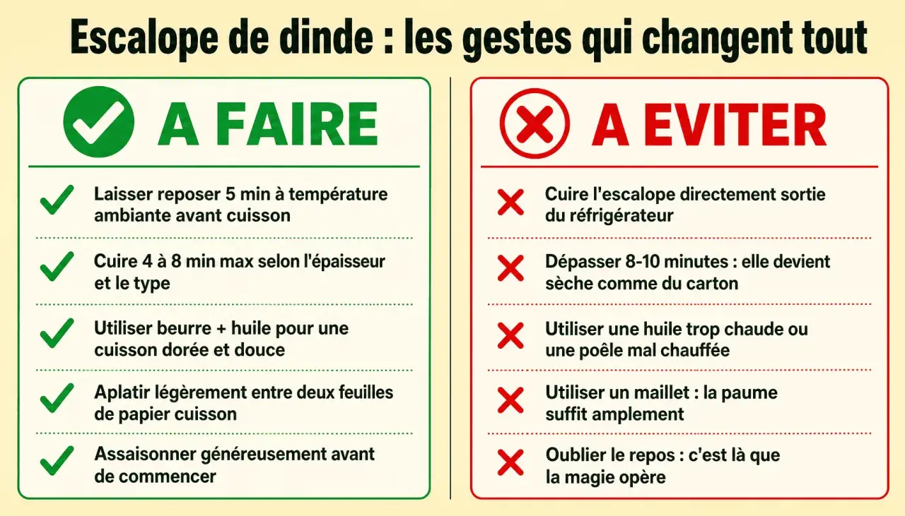 Conseils pour une escalope de dinde parfaite : à faire et à éviter. Laissez reposer, cuisez juste ce qu'il faut, utilisez beurre et huile, aplatissez et assaisonnez. Évitez le froid, la surcuisson, la mauvaise huile et le manque de repos.