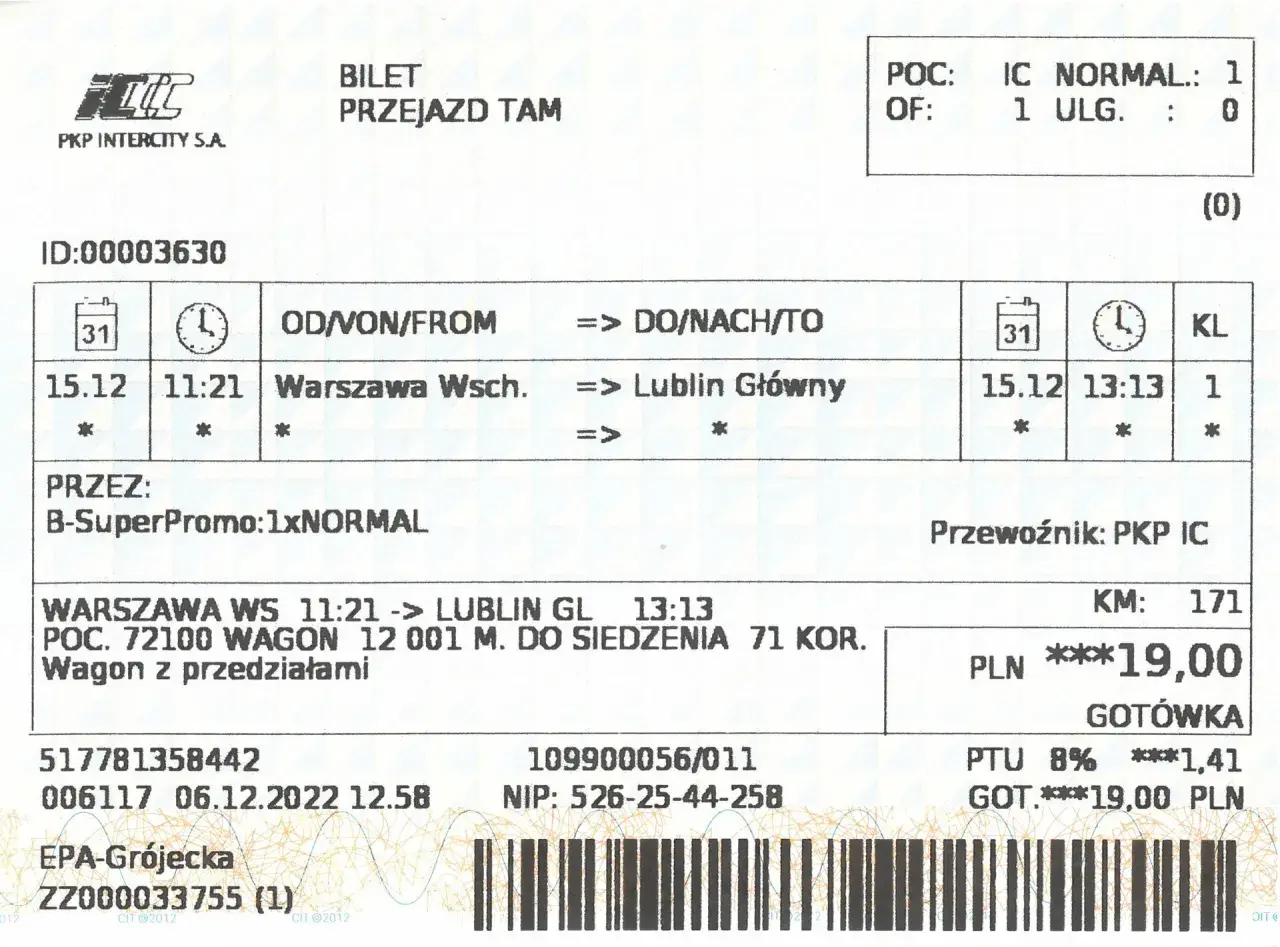 Bilet PKP Intercity: seria 517781358442, numer 006117. Podróż z Warszawy Wsch. do Lublina Głównego.