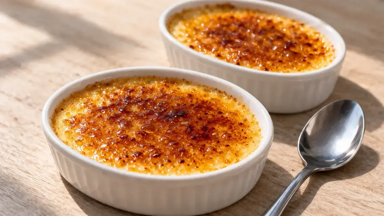 Deux ramequins de crème brûlée, leur croûte caramélisée dorée et craquante, prêts à être dégustés. La cuisson est parfaite.