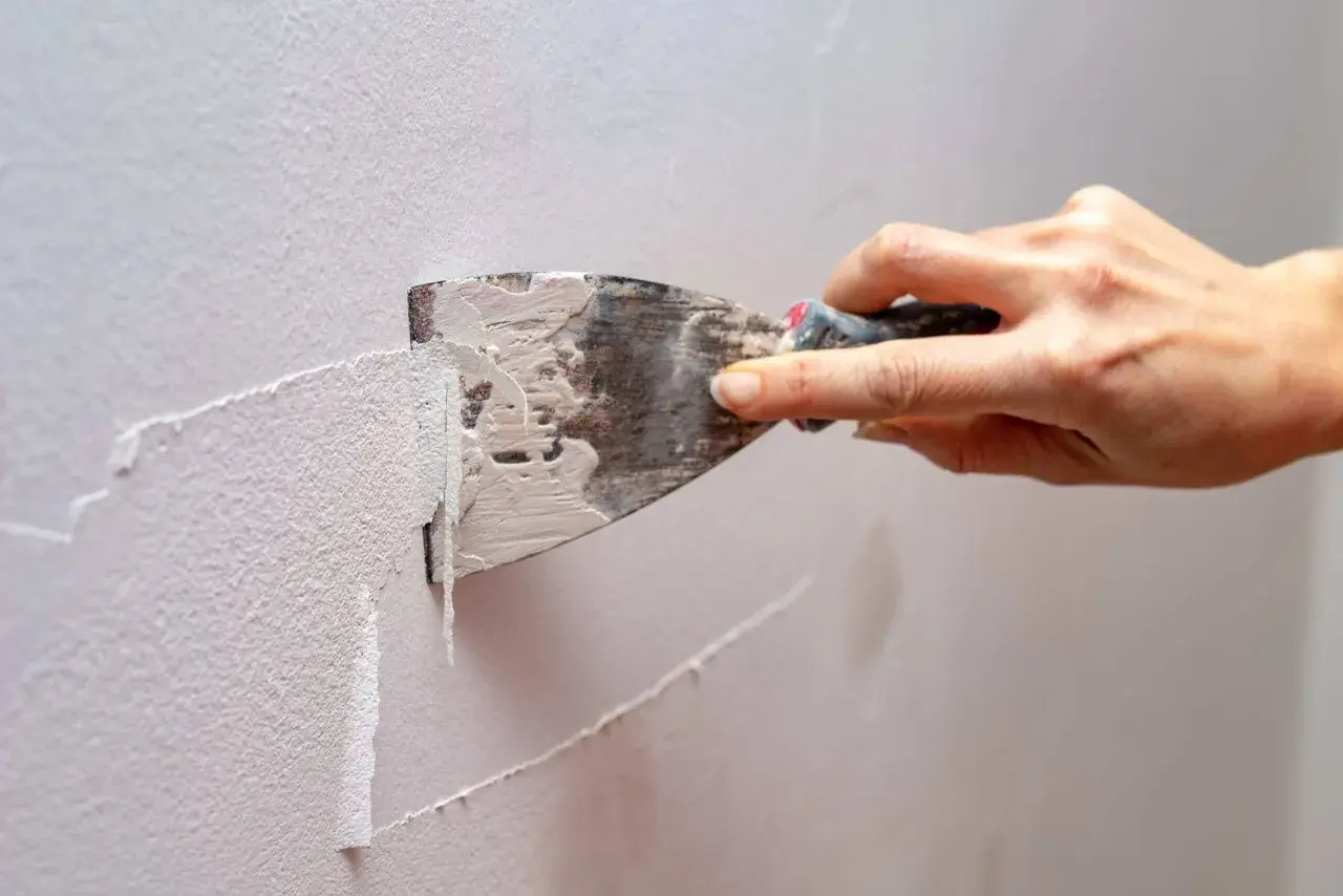 Mano usa una spatola per rimuovere la pittura lavabile dal muro, un passo fondamentale per preparare la parete a una nuova tinteggiatura.