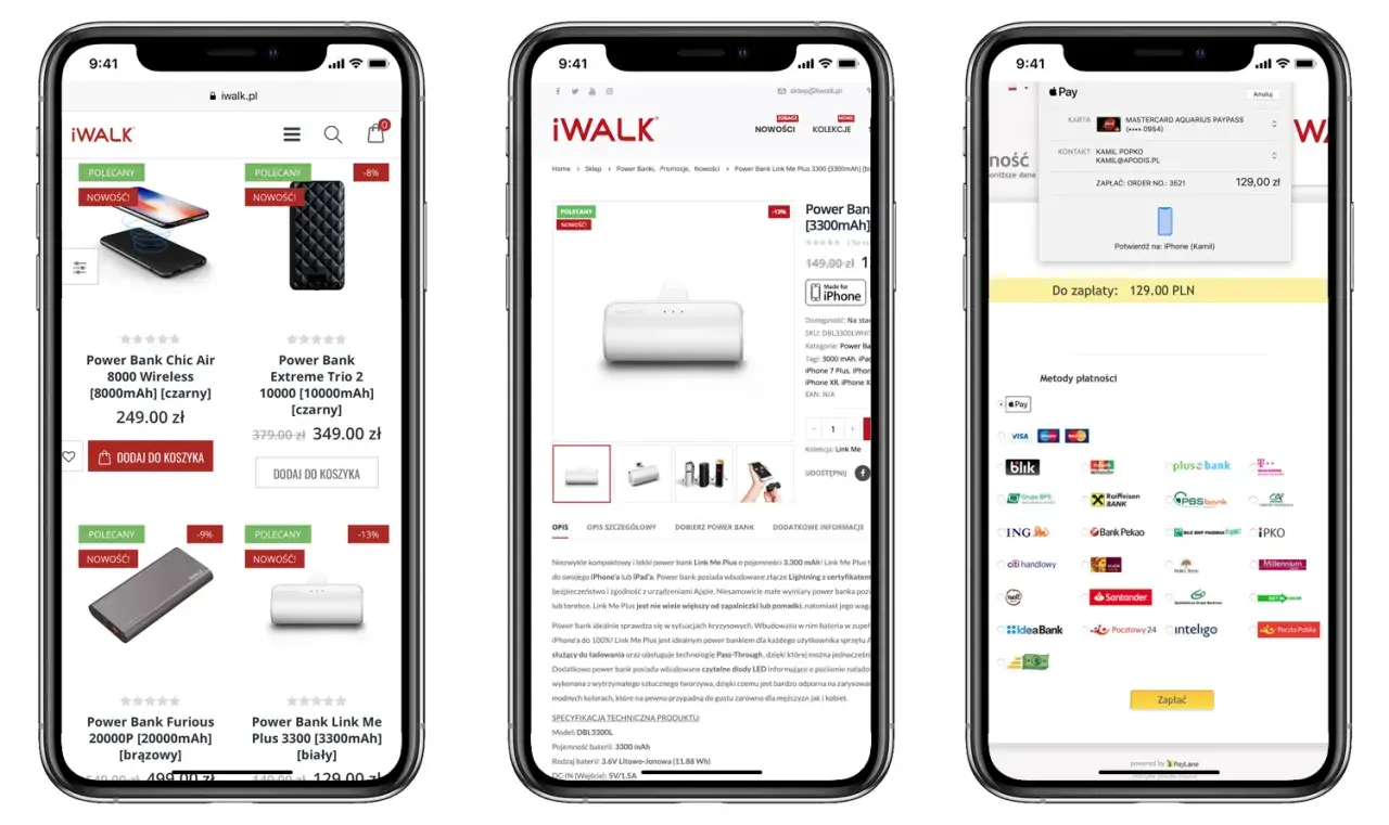 Jak płacić Apple Pay? Na ekranie telefonu widać potwierdzenie płatności za power bank Link Me Plus 3300mAh.