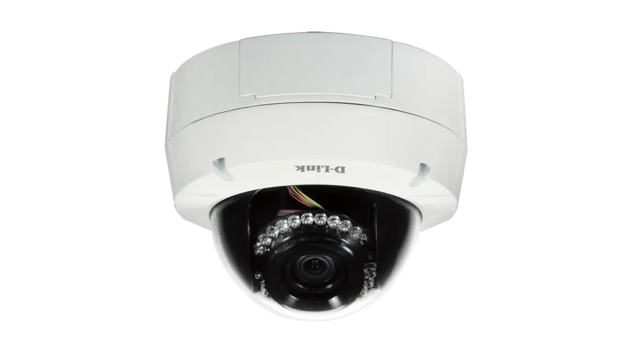 Caméra de surveillance D-Link blanche, type dôme, avec lentille et LED infrarouges visibles. Une caméra WDR pour une vision claire.