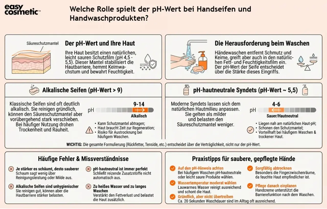 Die Grafik erklärt die Rolle des pH-Werts bei Handseifen. Sie zeigt, wie alkalische Seifen den Säureschutzmantel der Haut belasten können, während pH-hautneutrale Produkte schonender sind.
