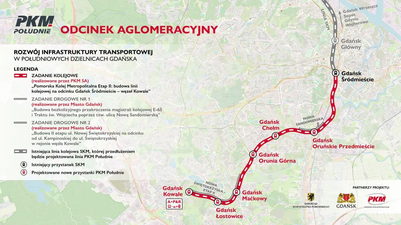 Mapa pokazuje przebieg nowej linii kolejowej PKM Południe w Gdańsku, łączącej dzielnice z centrum.