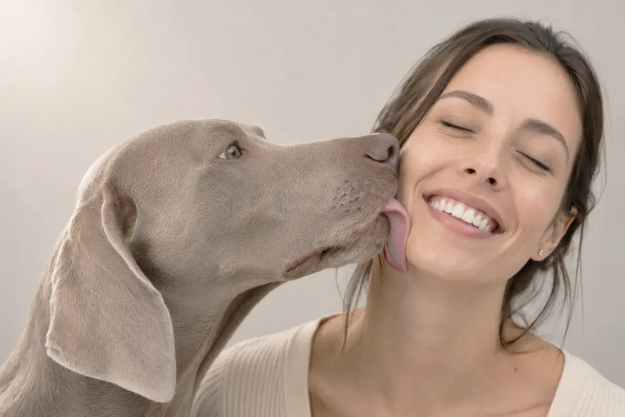 Ein Hund leckt mich ab, ein liebevoller Zungenkuss von meinem besten Freund.