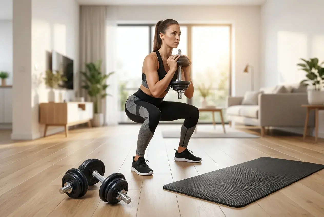 Kobieta wykonuje przysiad z hantlem, realizując swój plan treningowy push pull legs. Obok leżą hantle i mata.
