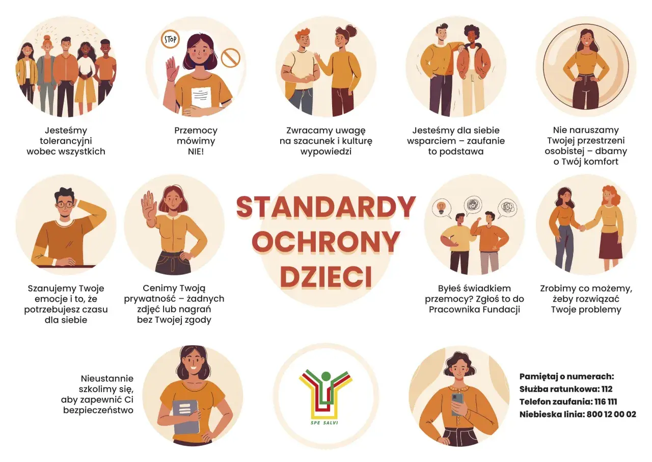 Grafika o standardach ochrony dzieci. Pokazuje tolerancję, sprzeciw wobec przemocy, szacunek, wsparcie i prywatność. Zwalczamy dyskryminację w szkole.