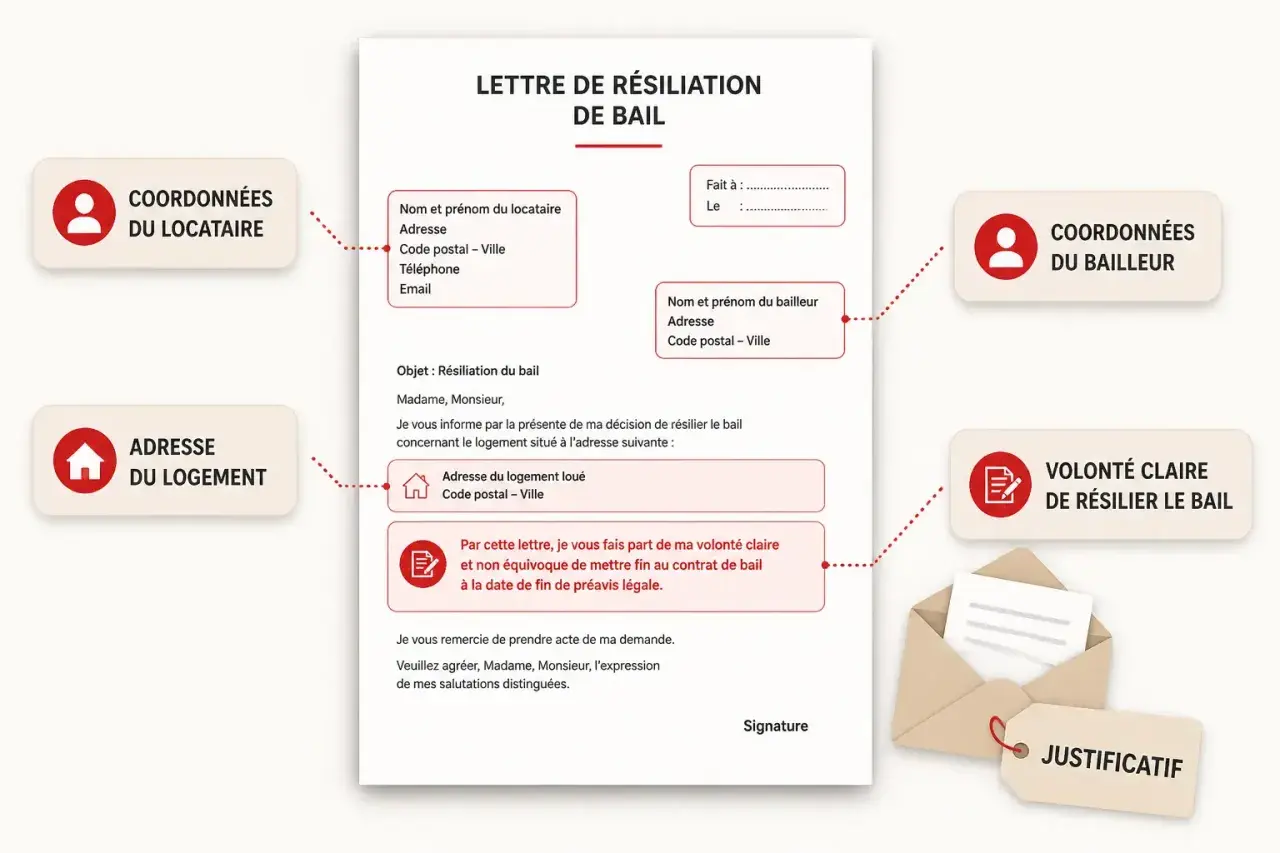 Modèle de lettre de résiliation de bail, avec champs pour les coordonnées du locataire, du bailleur et l'adresse du logement.