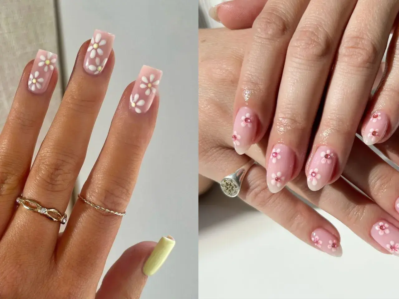 Jolis ongles avec nail art fleurs blanches et jaunes sur fond rose pâle, et des fleurs roses sur d'autres ongles.