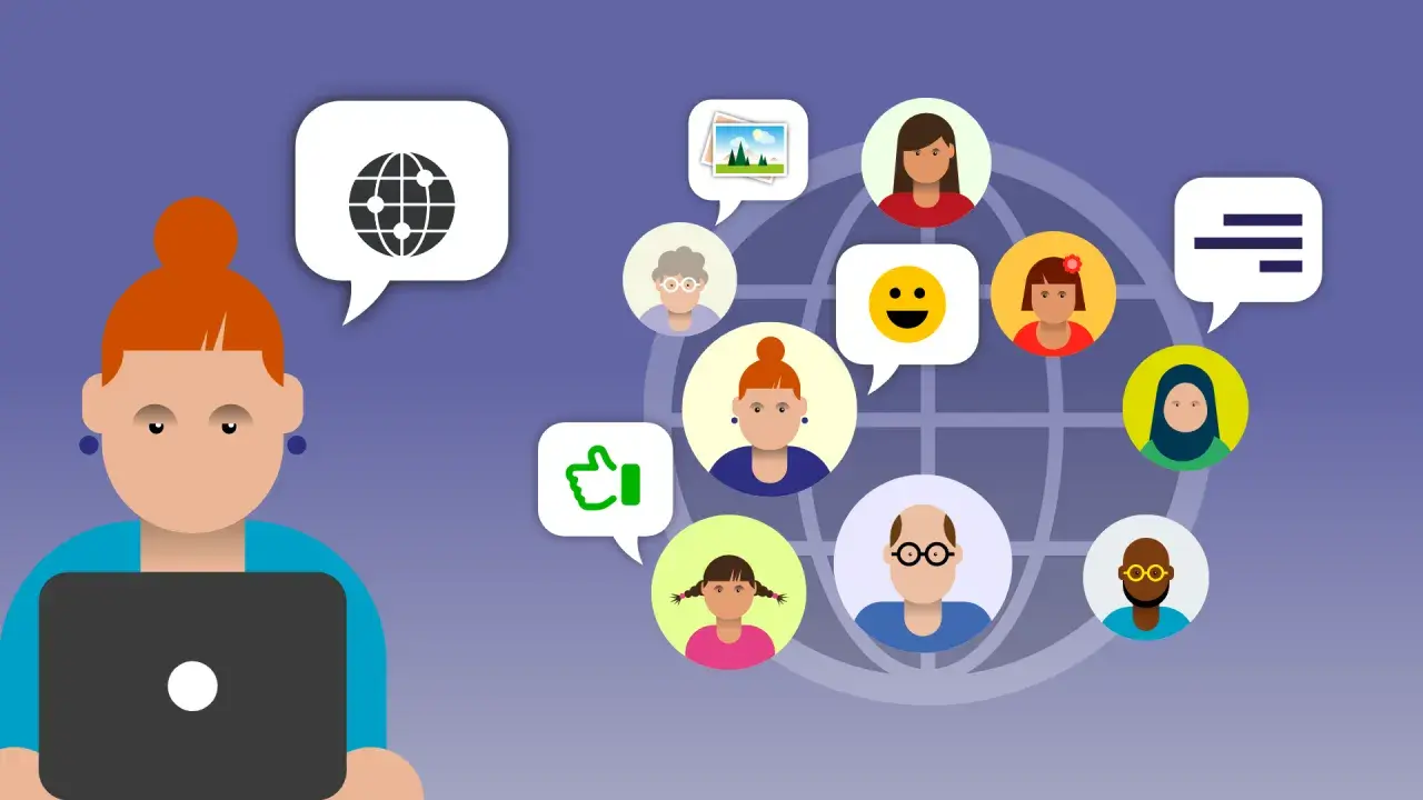 Eine Frau mit Laptop verbindet sich mit Menschen weltweit. Die Grafik erklärt die soziale netzwerke definition durch Icons wie Daumen hoch, Bilder und Smileys.