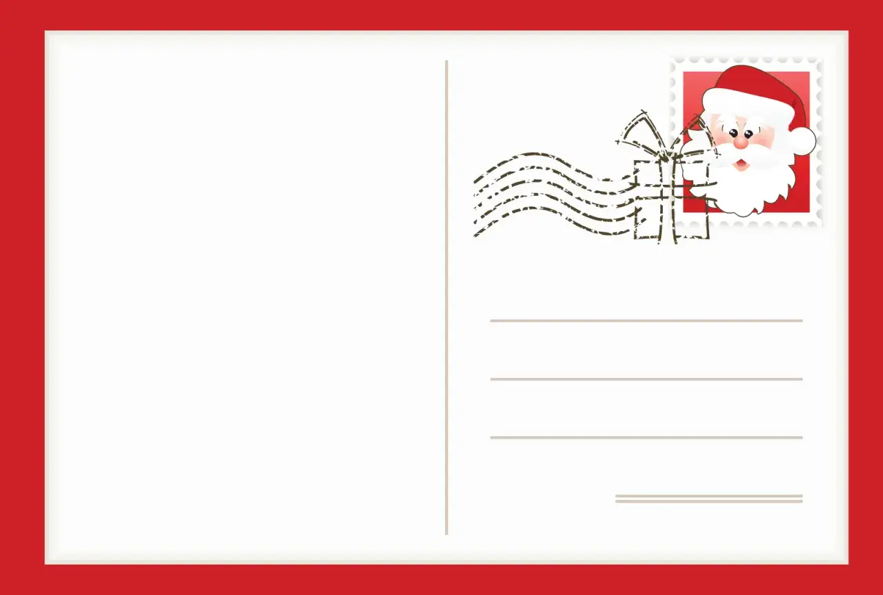 Postal blanca con borde rojo, lista para tu carta para colorear de Papá Noel. Sello con su cara y matasellos de regalo.
