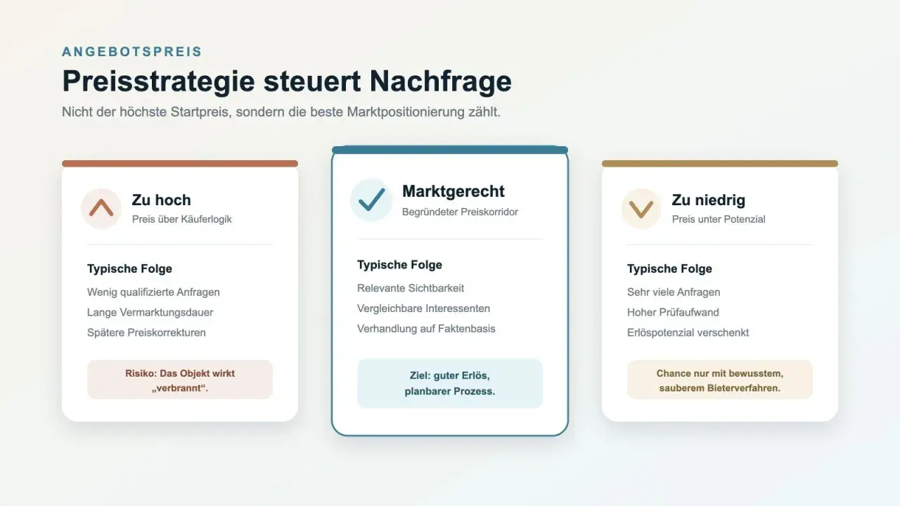 Vergleich von Preisstrategien für Immobilien: Zu hoch, marktgerecht oder zu niedrig? Die richtige Wahl beeinflusst den Verkaufserlös.
