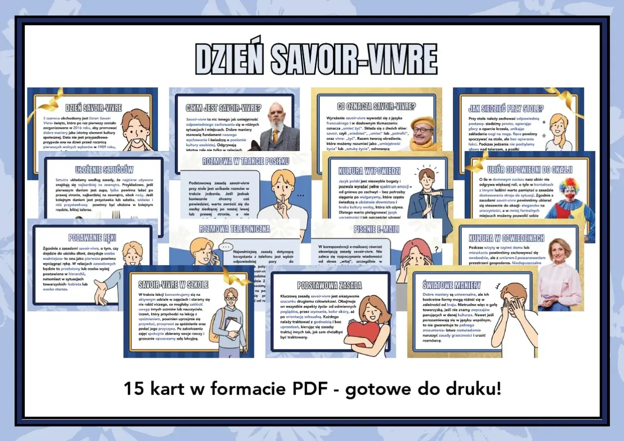 Zasady savoir vivre jak czytać. Grafika przedstawia 15 kart z poradami dotyczącymi dobrych manier, od zachowania przy stole po pisanie e-maili.