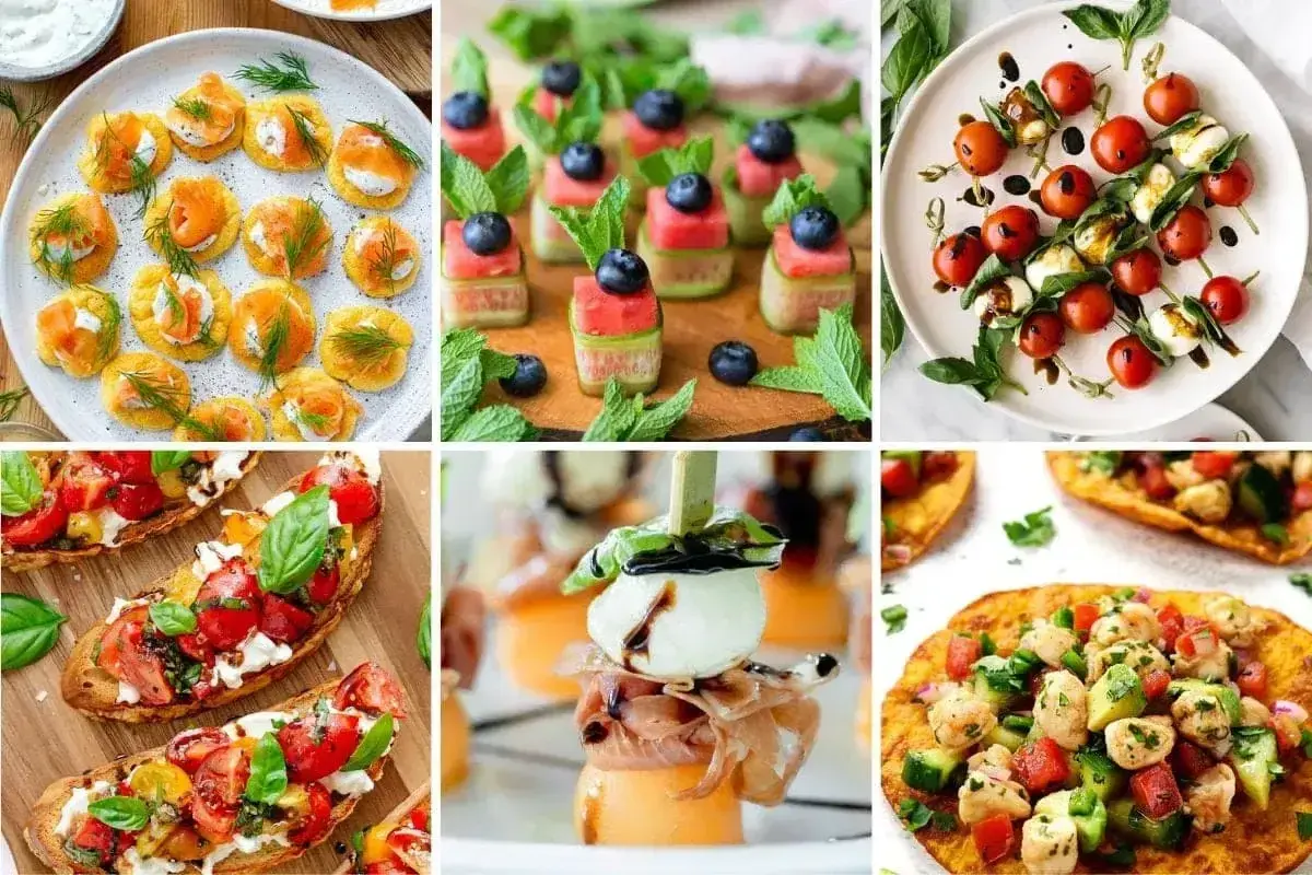 Kolorowe przekąski na grilla: mini tartinki z łososiem, szaszłyki z arbuzem i borówkami, caprese na patyczkach, bruschetty z pomidorami i mozzarellą, melon z prosciutto i mozzarellą, mini quesadillas.