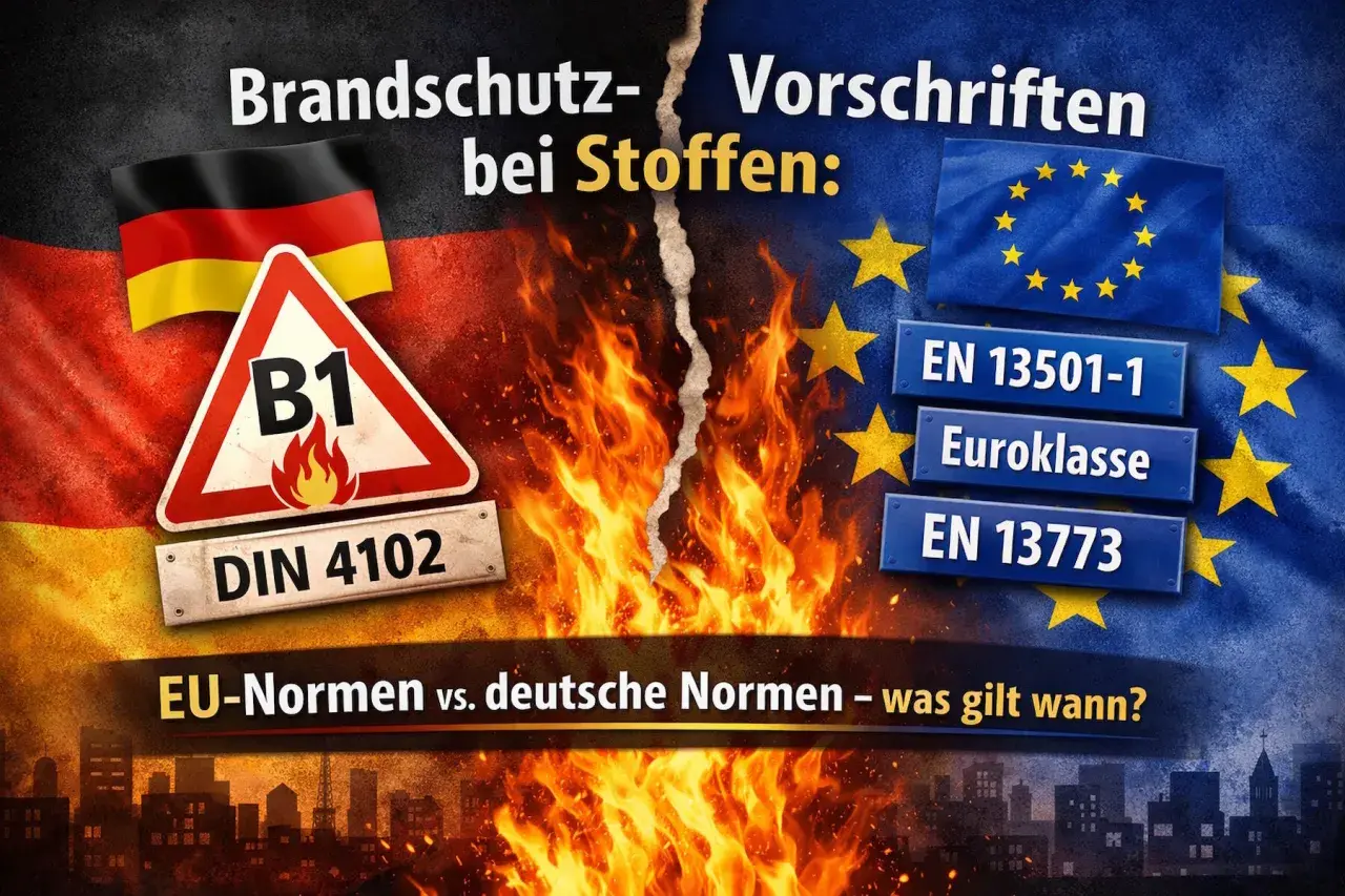 Brandschutz bei Stoffen: Deutsche Norm DIN 4102 (B1) vs. EU-Normen wie EN 13501-1.