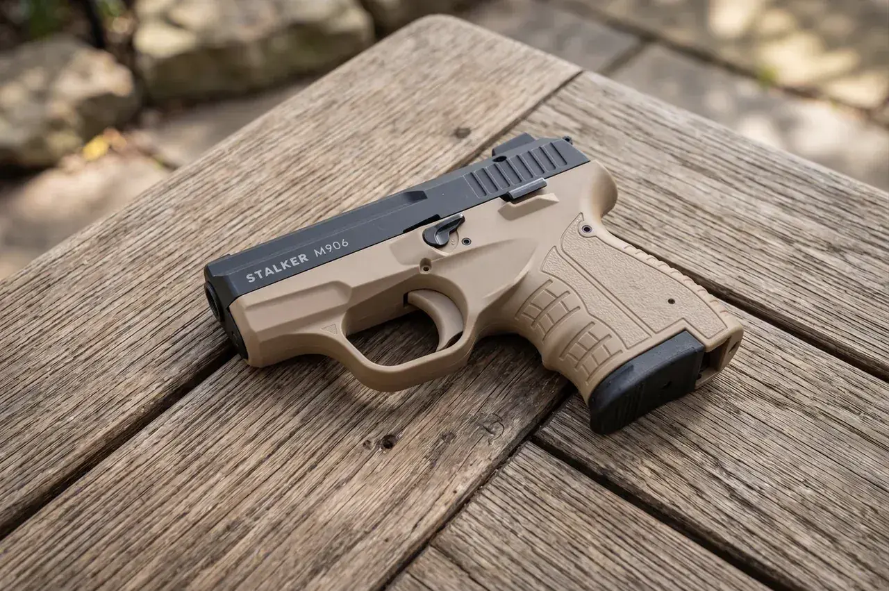 Pistolet Stalker M906 na drewnianym stole. Posiadanie broni bez pozwolenia jest nielegalne.