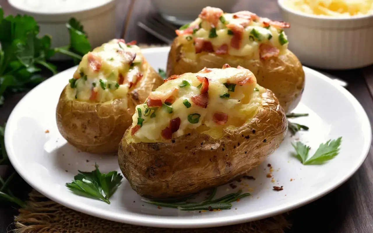 Patate ripiene al forno, dorate e croccanti, con un ripieno cremoso di formaggio, pancetta e erbe aromatiche.