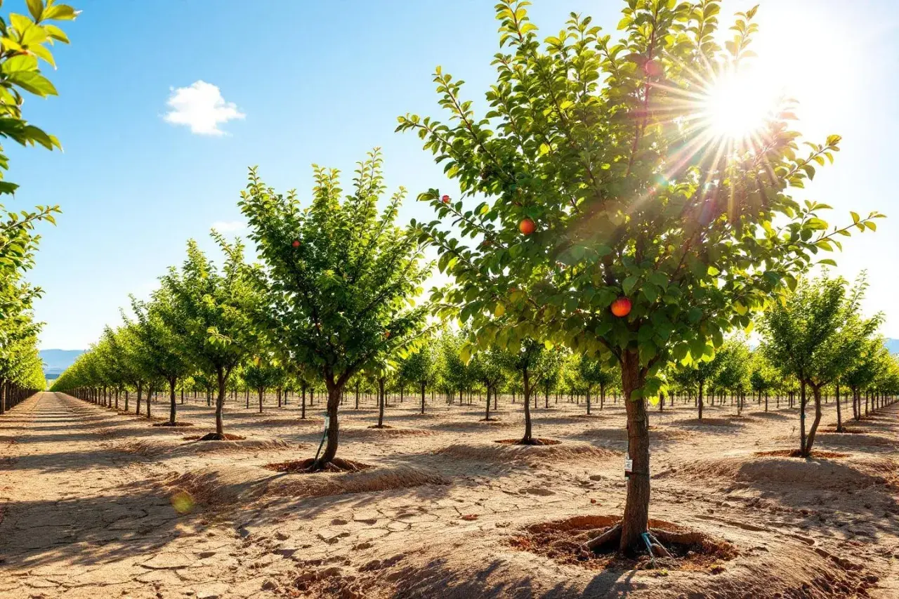 L'image montre une plantation d'arbres fruitiers, probablement des pruniers, en pleine croissance. Le soleil brille à travers les feuilles, créant des rayons lumineux.