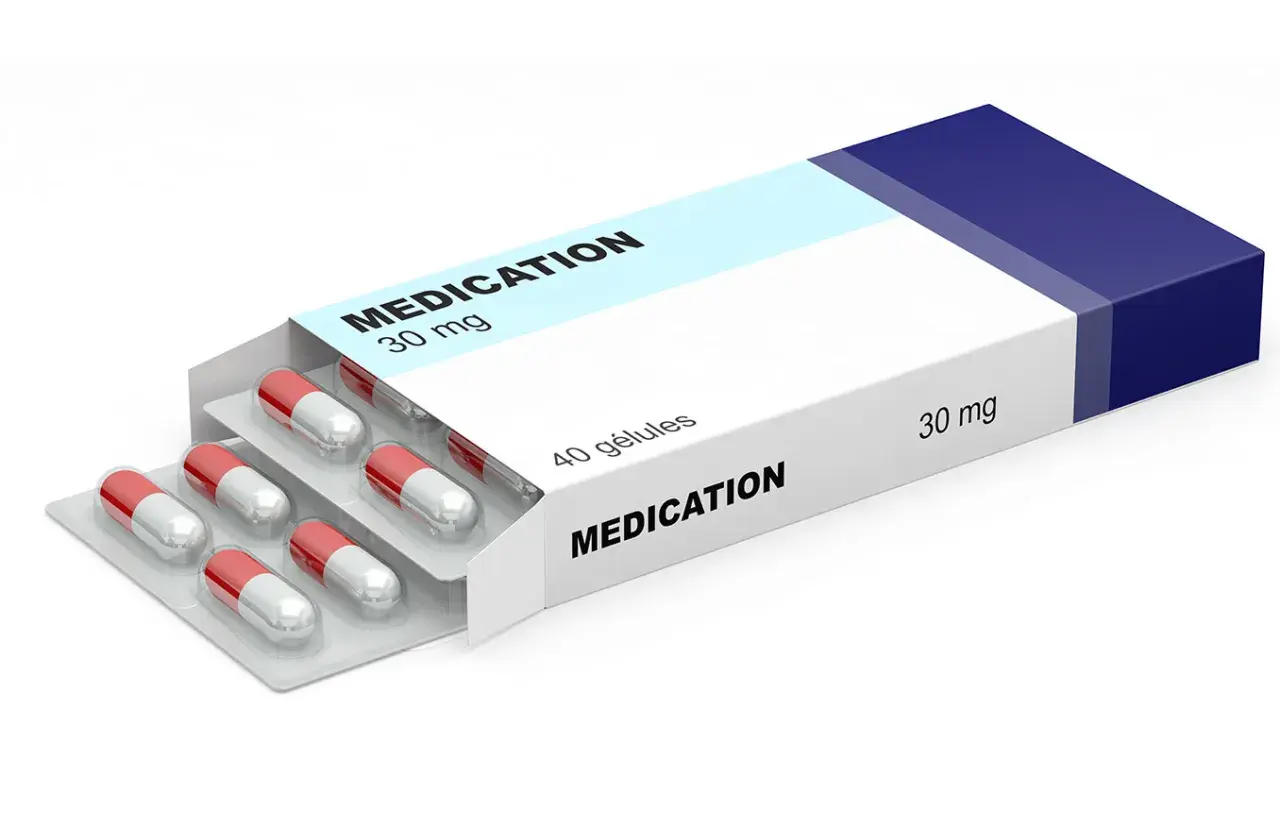 Förpackning med kapslar, 30 mg. Medicin för schizofreni.