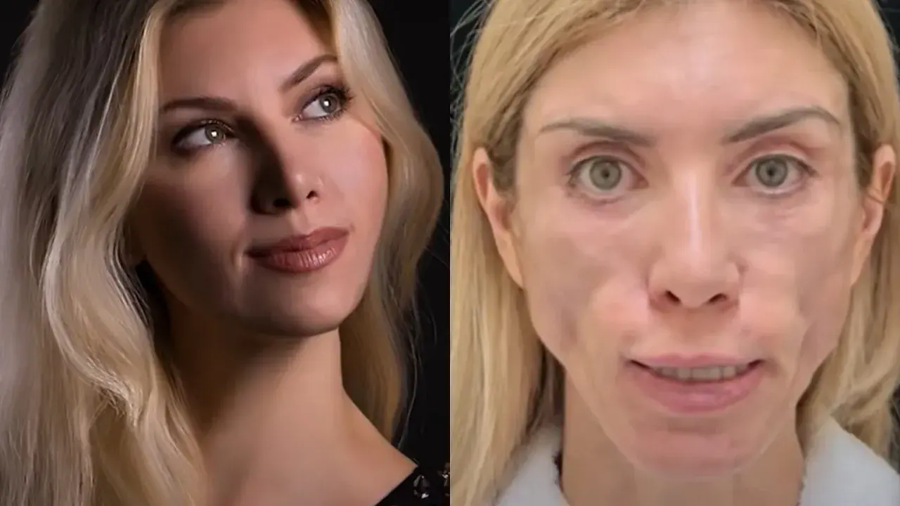 Porównanie: przed i po zabiegu liftingu twarzy nieudany. Po prawej stronie widać niepokojące zmiany.