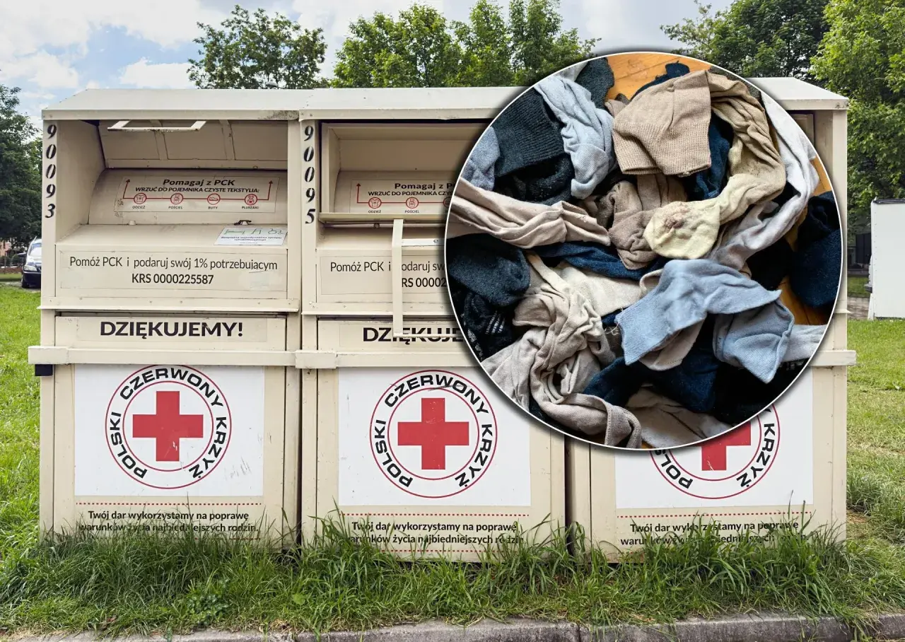 Kontenery Polskiego Czerwonego Krzyża z napisem "DZIĘKUJEMY!" i stos ubrań w okręgu.