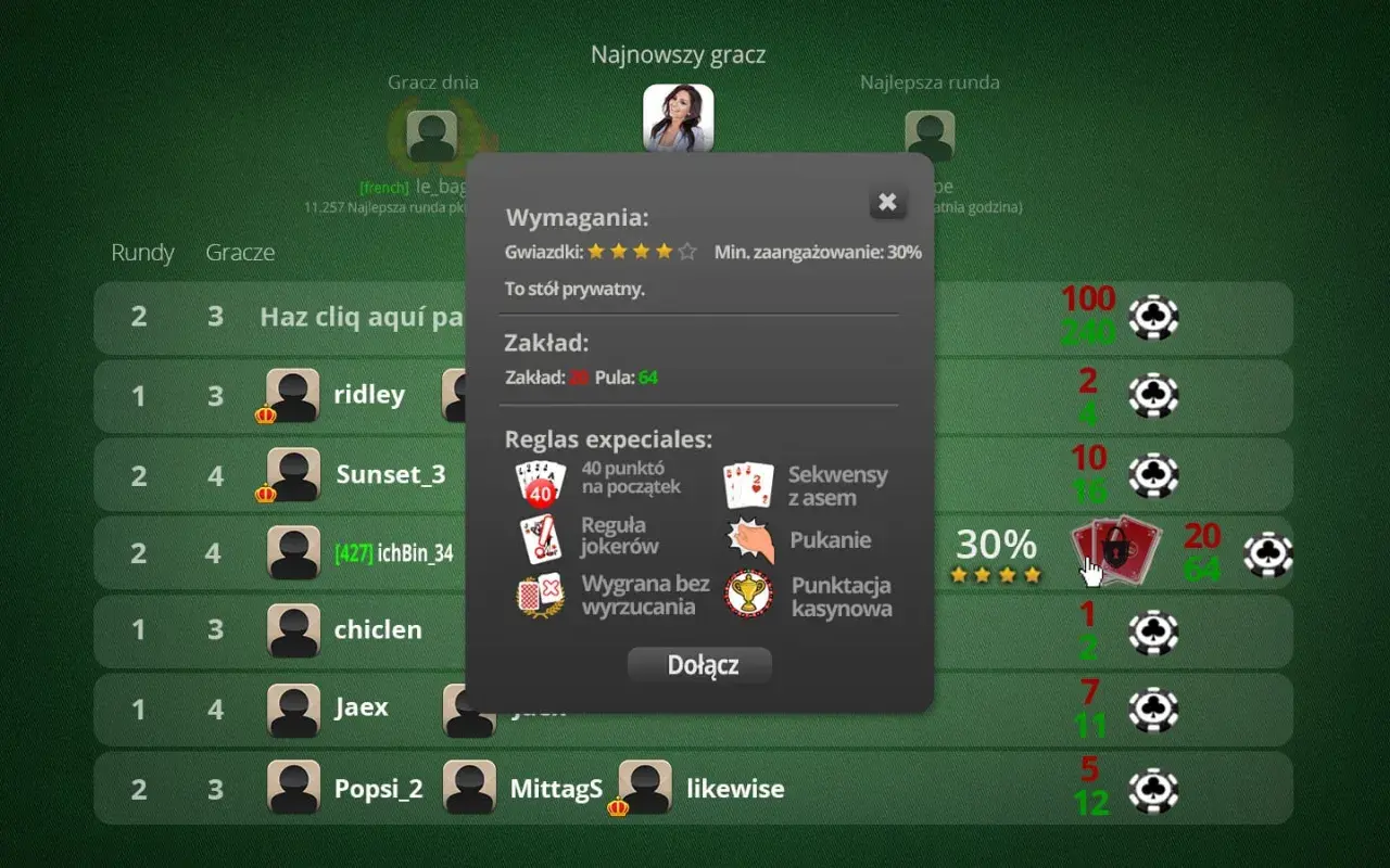 Gra w pokera online. Na ekranie widać okno z zasadami gry, w tym figury w kartach, takie jak sekwensy czy jokery.
