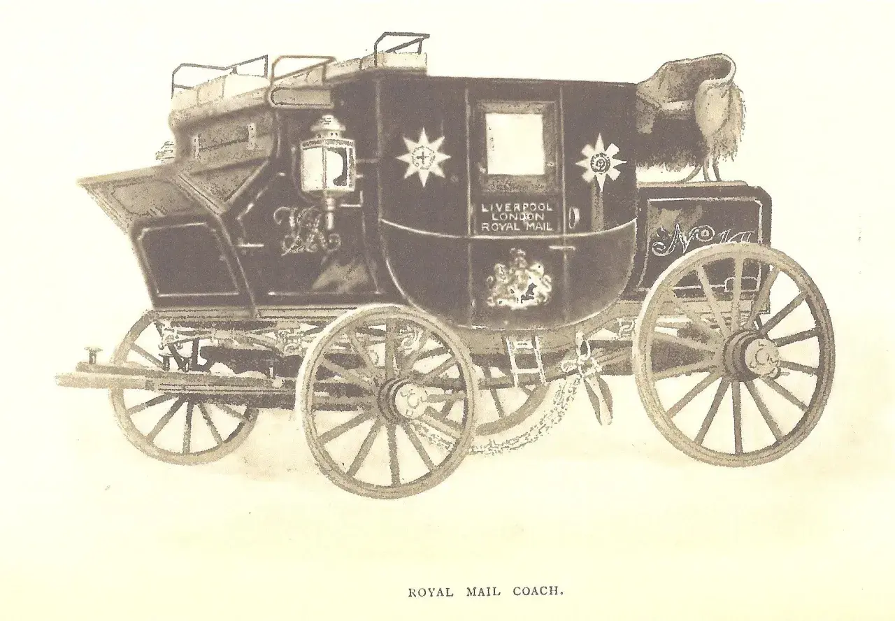 Ilustracja dyliżansu pocztowego z napisem "Royal Mail Coach".