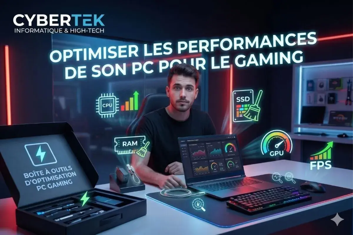 Un homme optimise son PC gaming pour de meilleures performances. L'image montre des icônes de CPU, RAM, SSD, GPU et FPS.