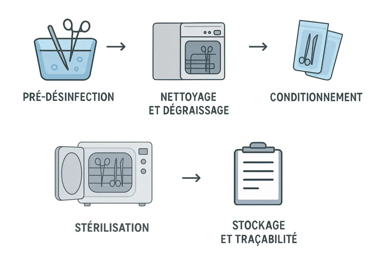 Schéma des étapes de stérilisation : pré-désinfection, nettoyage, conditionnement, stérilisation (pas dans l'eau bouillante), stockage.