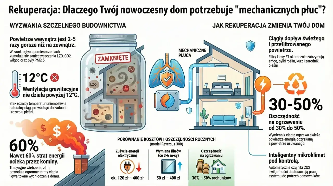 Ilustracja pokazuje system rekuperacji, który zapewnia świeże powietrze i oszczędność energii w domu.