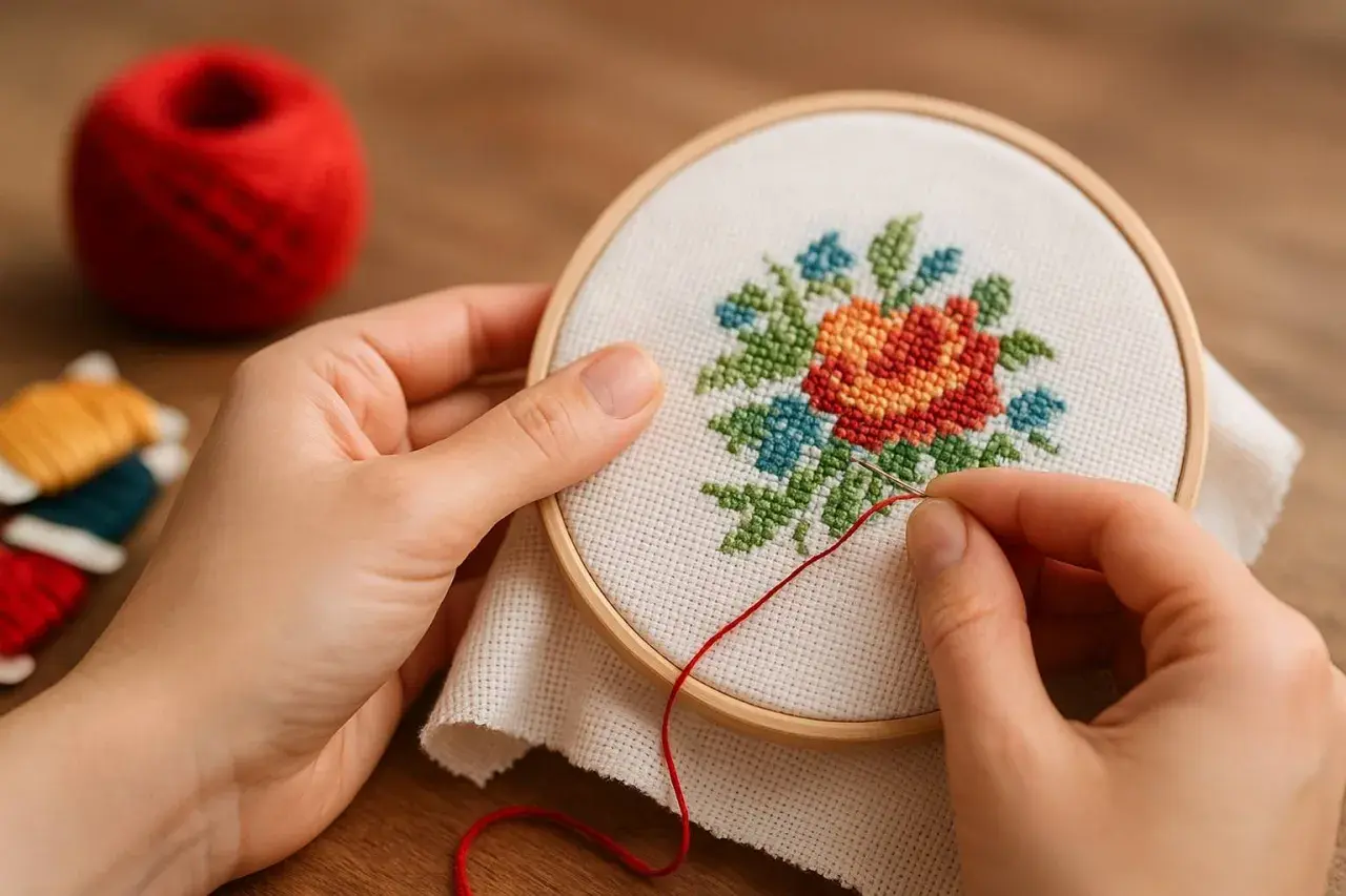 Mains tenant un tambour à broder, créant une **broderie sur textile** florale. Fil rouge et pelotes de laine à proximité.