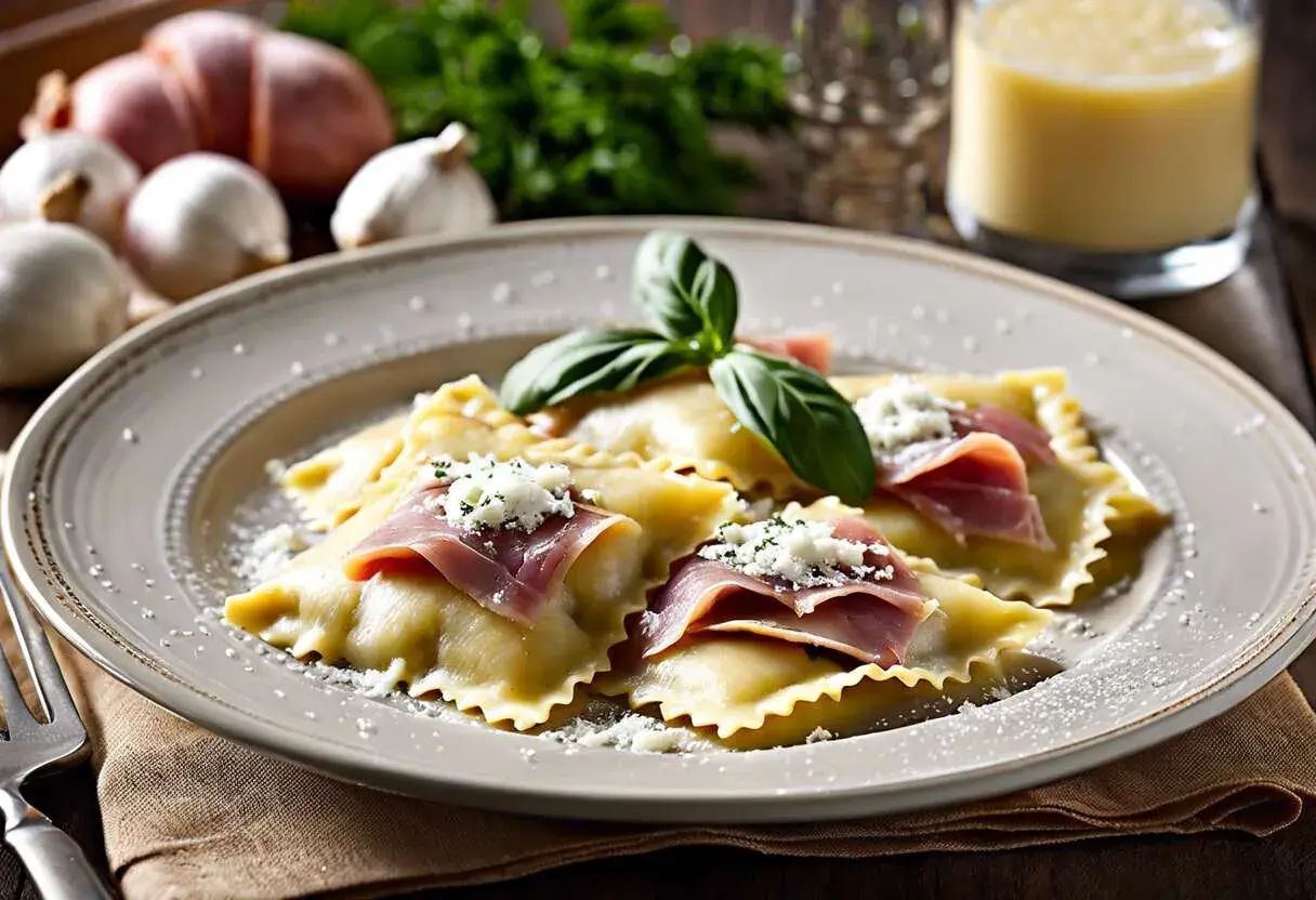 Assiette de ravioli maison garnis de jambon et de fromage, décorés de basilic frais.
