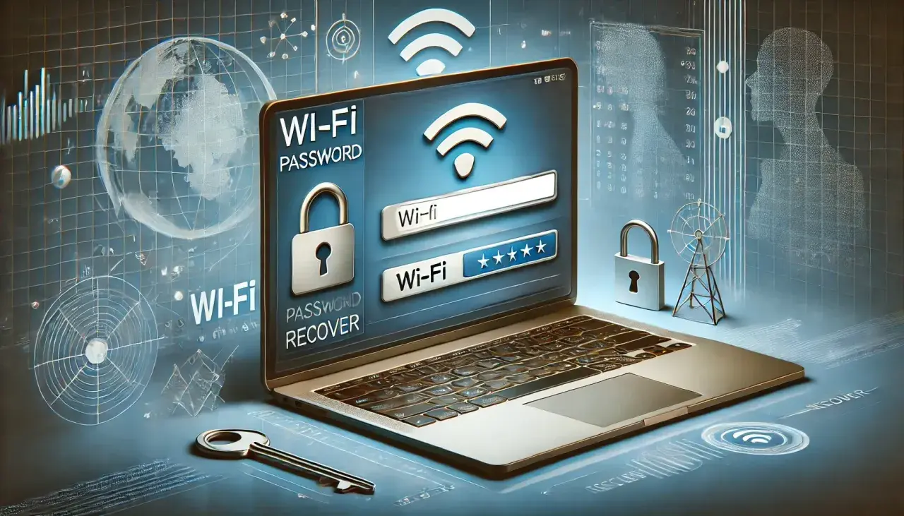Laptop z ekranem pokazującym "WI-FI PASSWORD RECOVER", klucz i kłódka symbolizują, jak odzyskać hasło do routera wifi.