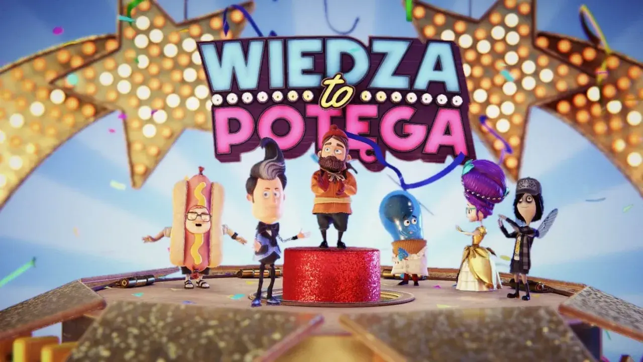 Postacie z animacji świętują na scenie pod neonem "Wiedza to potęga". Na PC gra ta jest świetną zabawą.