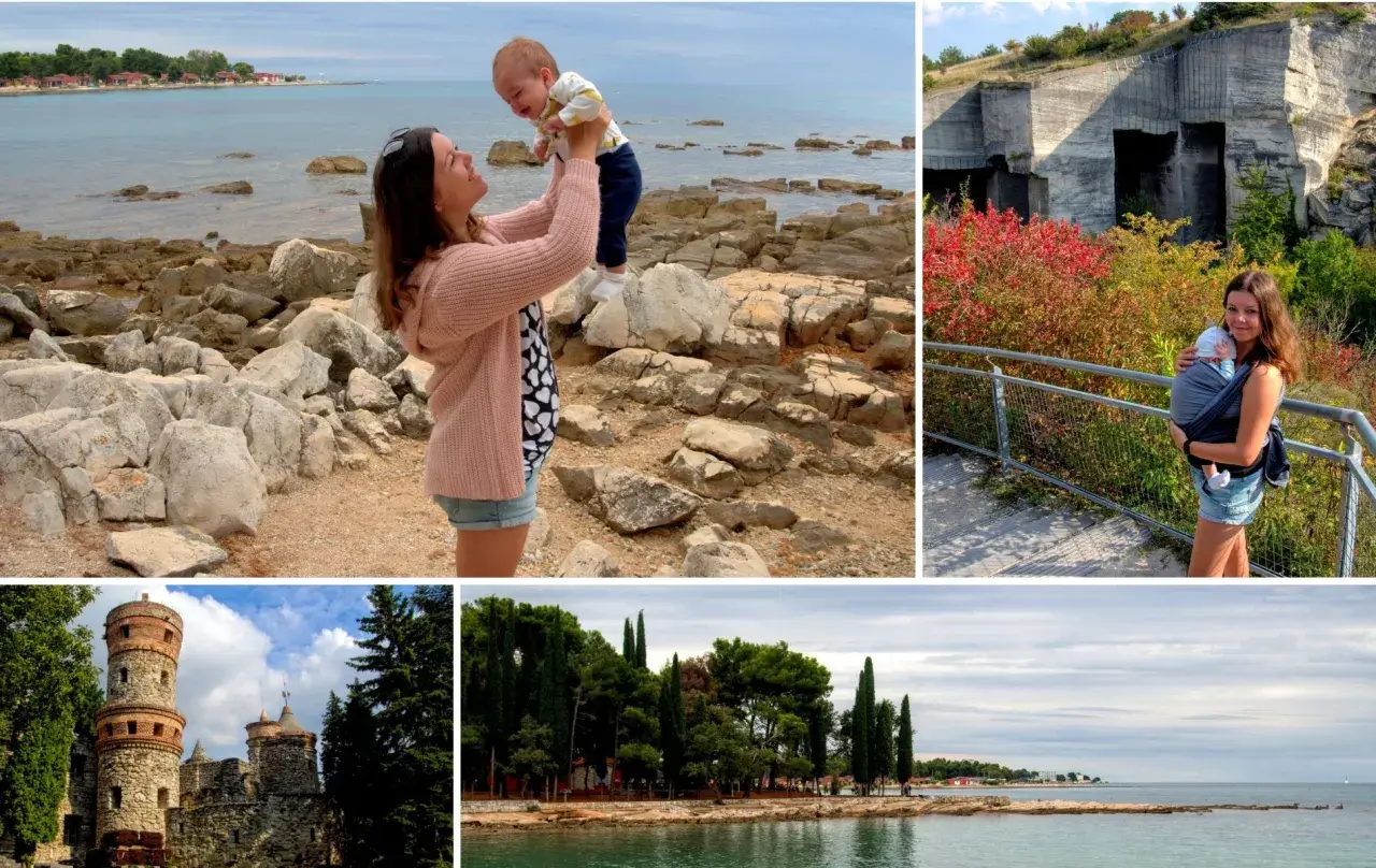 Chorwacja z niemowlakiem: mama z dzieckiem na plaży, przy skalnych klifach i nad morzem.