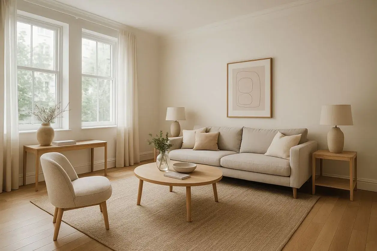 Salon lumineux et aéré, parfait pour un home staging maison. Canapé beige, table basse ronde en bois, fauteuil cosy et tableaux abstraits.