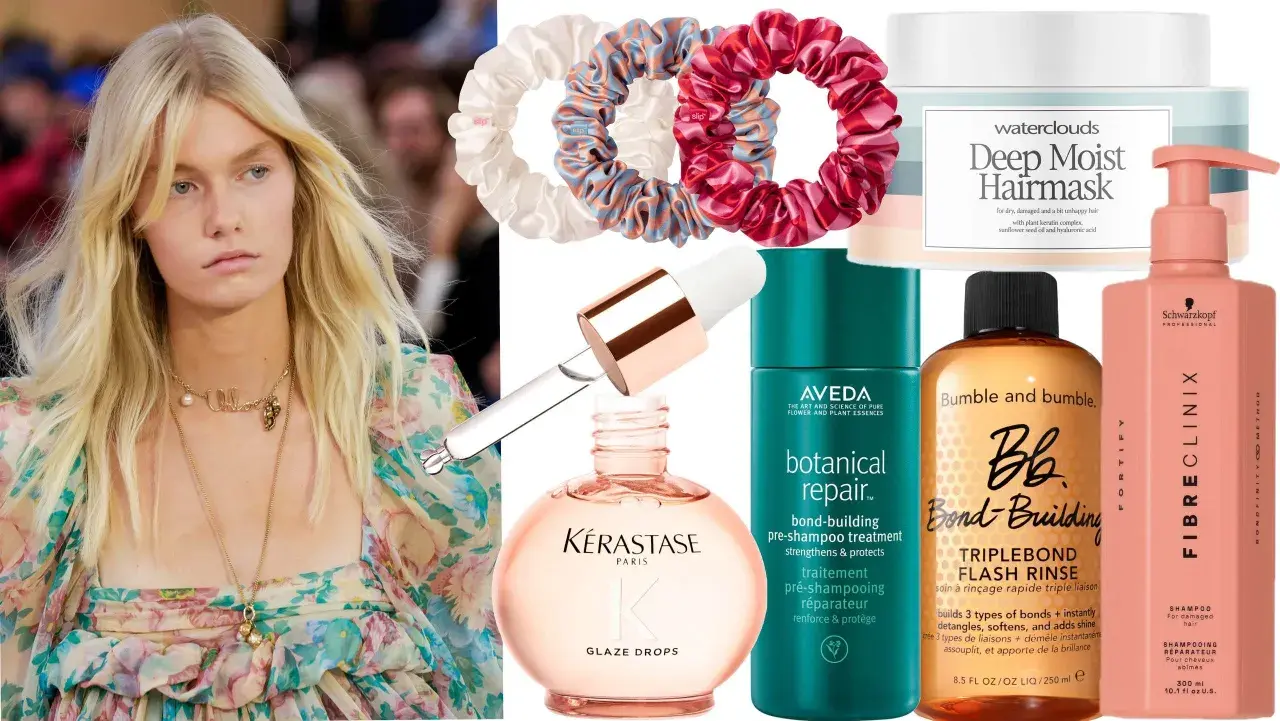 Modell med blont hår och hårvårdsprodukter som Kérastase Glaze Drops, Aveda Botanical Repair och Bumble and bumble. Bond-Building. Perfekt för torr topp.