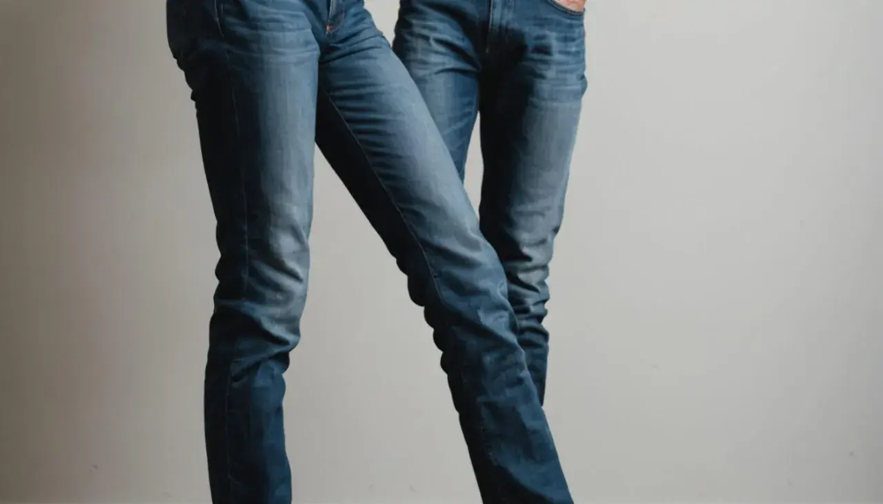 Dwie osoby w dżinsach. Czy jeans się rozciąga? Te spodnie wyglądają na wygodne i elastyczne, idealne do codziennych aktywności.