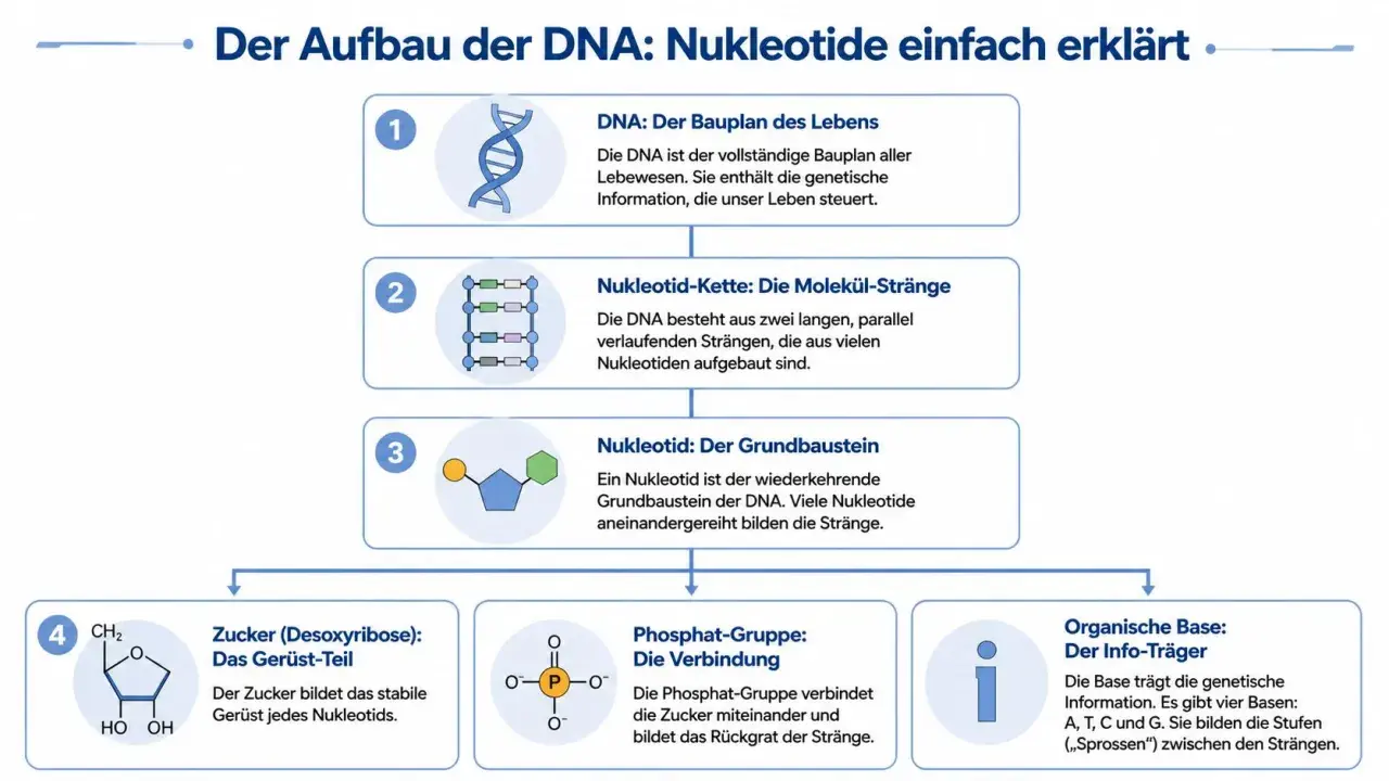 Der Aufbau der DNA: schematische Darstellung der DNA-Doppelhelix, Nukleotid-Ketten, Nukleotide und deren Bestandteile (Zucker, Phosphat, organische Base).