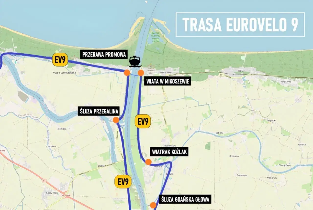 Mapa szlaku rowerowego EuroVelo 9 z zaznaczonymi śluzami, promem i wiatrakiem.