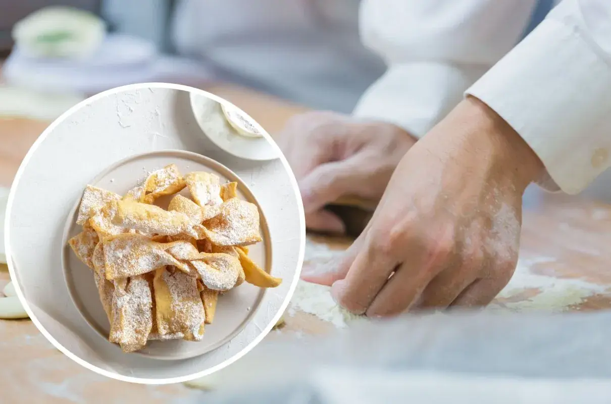 Chrupiące faworki posypane cukrem pudrem – tak można wykorzystać ciasto na pierogi.