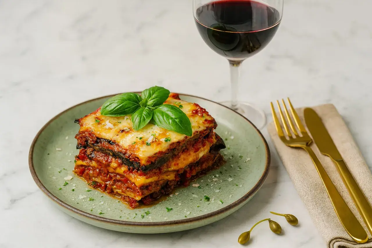 Ein Stück original Melanzane alla Parmigiana, garniert mit Basilikum, neben einem Glas Rotwein und goldenem Besteck.