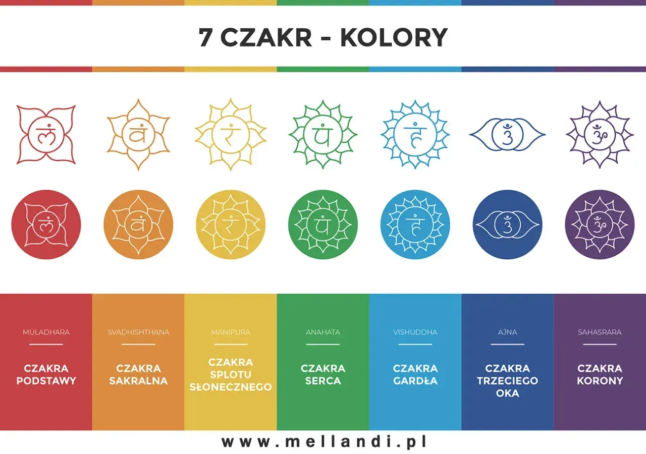 Siedem czakr i ich kolory: od czerwonej czakry podstawy po fioletową czakrę korony. Wizualizacja symboli i nazw.